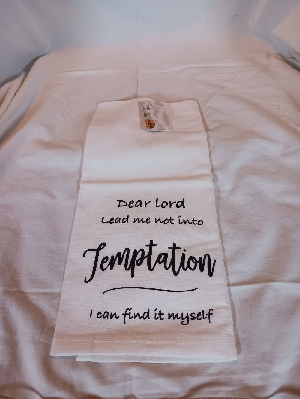 Funny "Temptation" Christian Tea Towel NWT